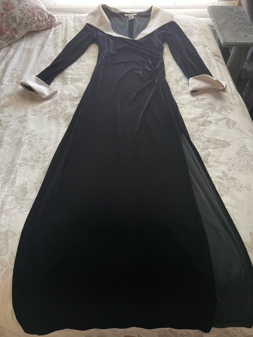 Vintage 90s Black‎ Velvet Ruched Collared Maxi Dress 12 Goth Wednesday Addams